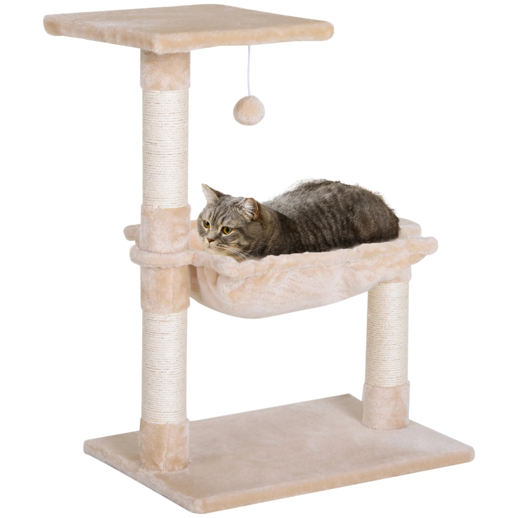 Tiragraffi per Gatti con Amaca e Pallina ¨C Xylo ¨C Legno e Peluche Beige 50x36x70cm