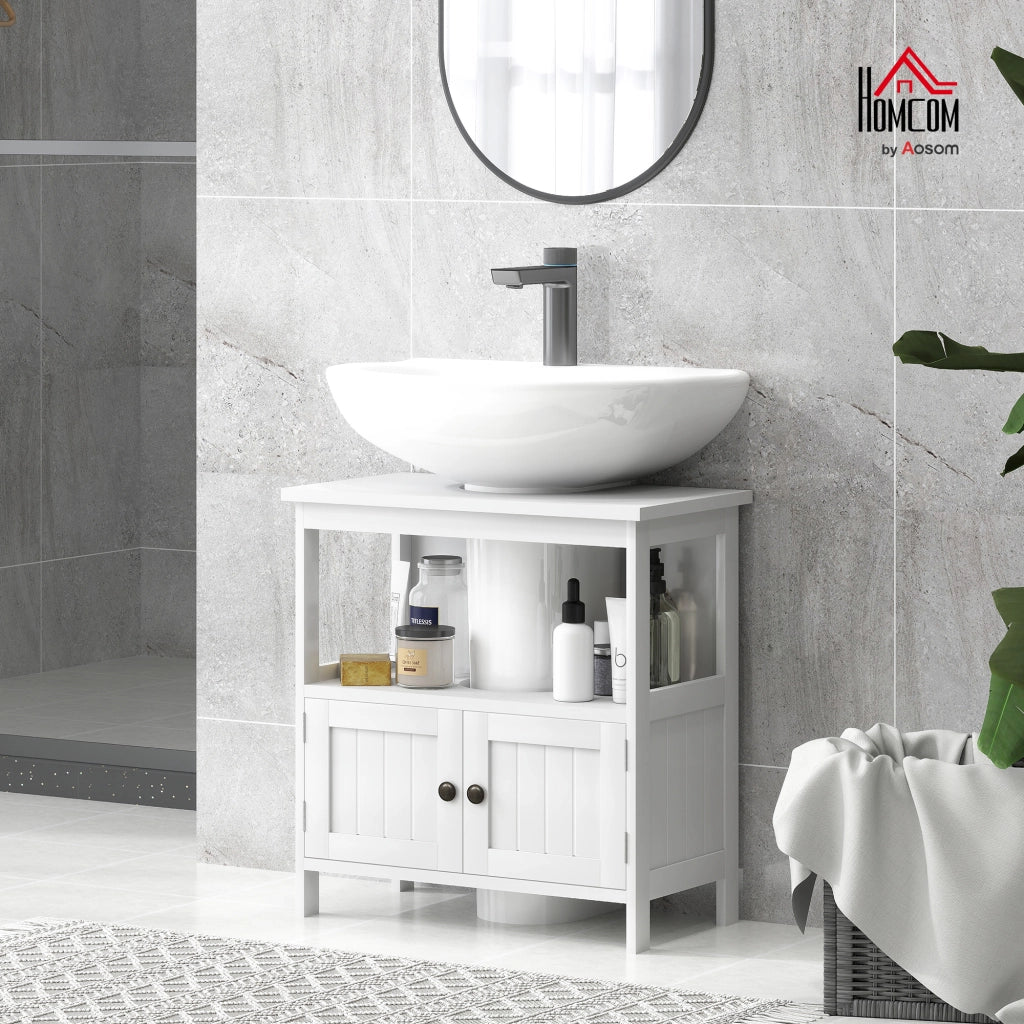 Mobile Sottolavabo con Ripiano e Armadietto, Intaglio e U e 2 Ante, 60x30x60 cm, Bianco