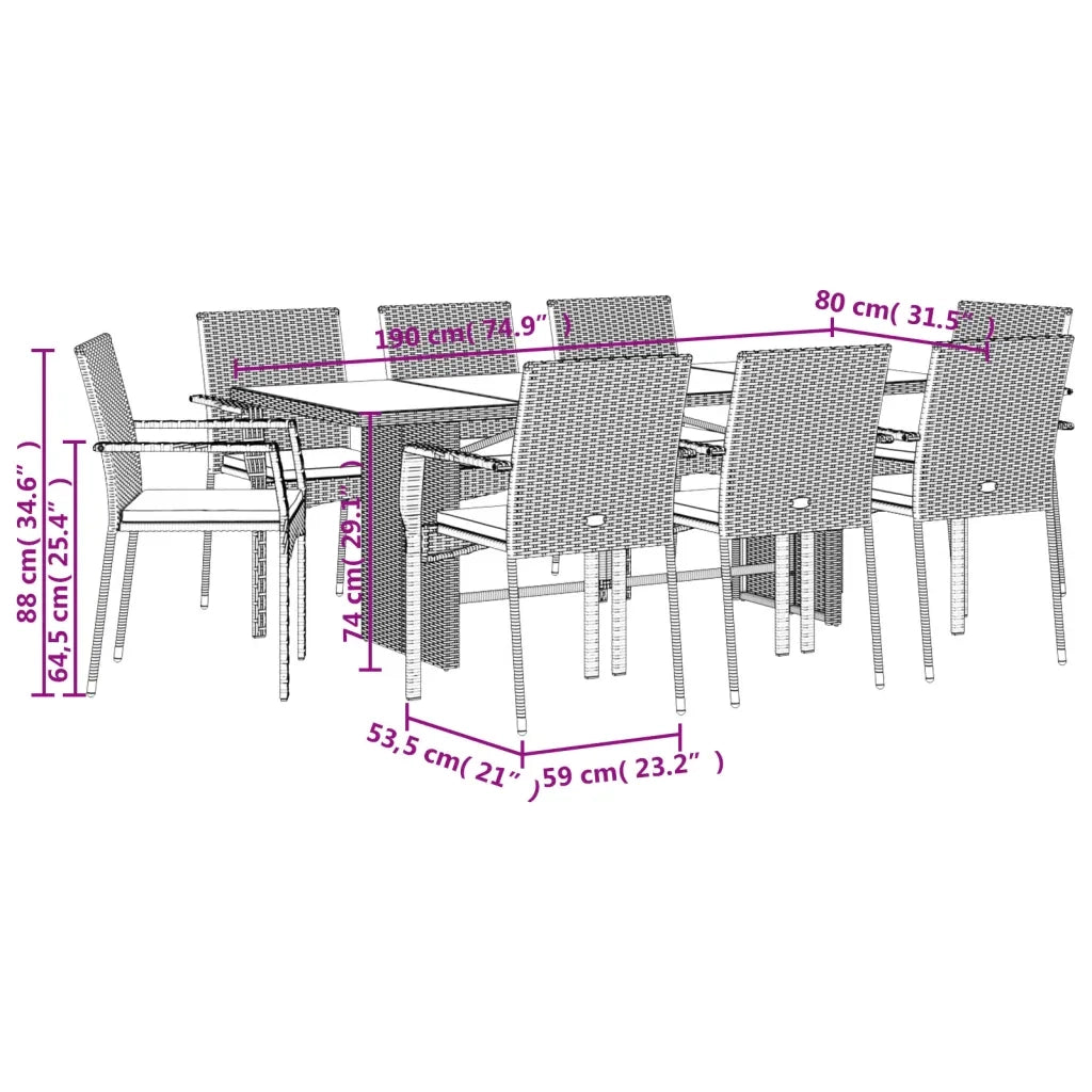 Set da Pranzo da Giardino 9 pz con Cuscini Nero in Polyrattan 3213495