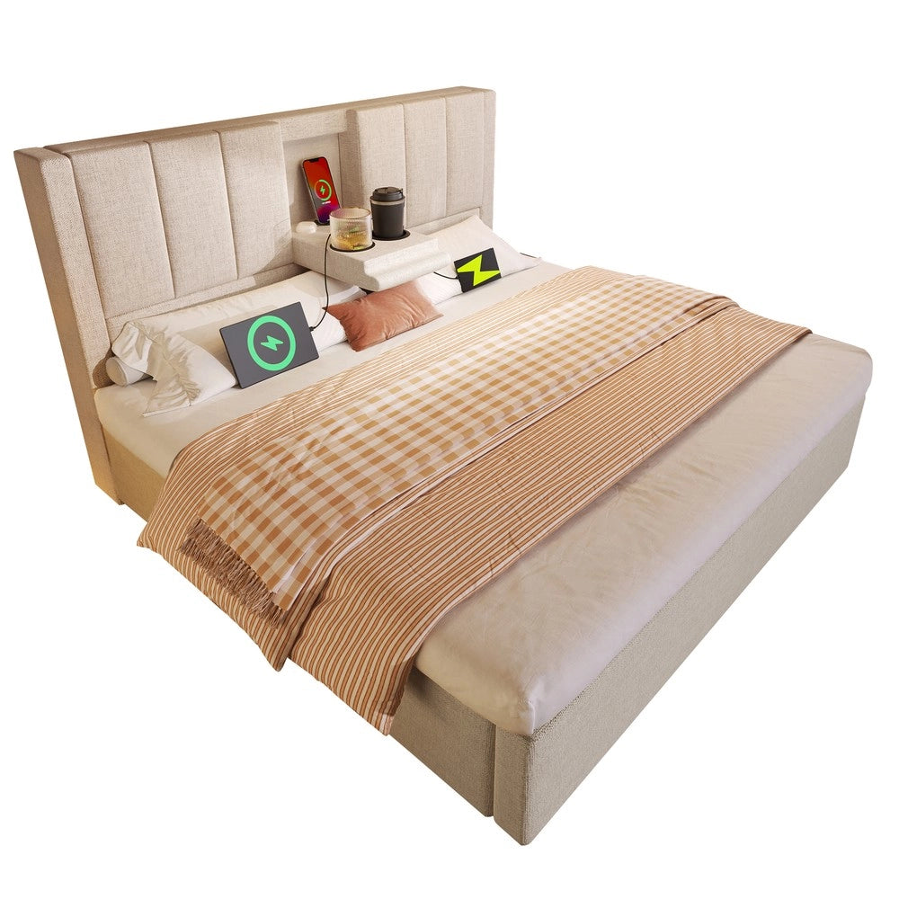 Letto Contenitore Imbottito 140x200 ¨C MINIMAL ¨C Idraulico, con Rete, Beige