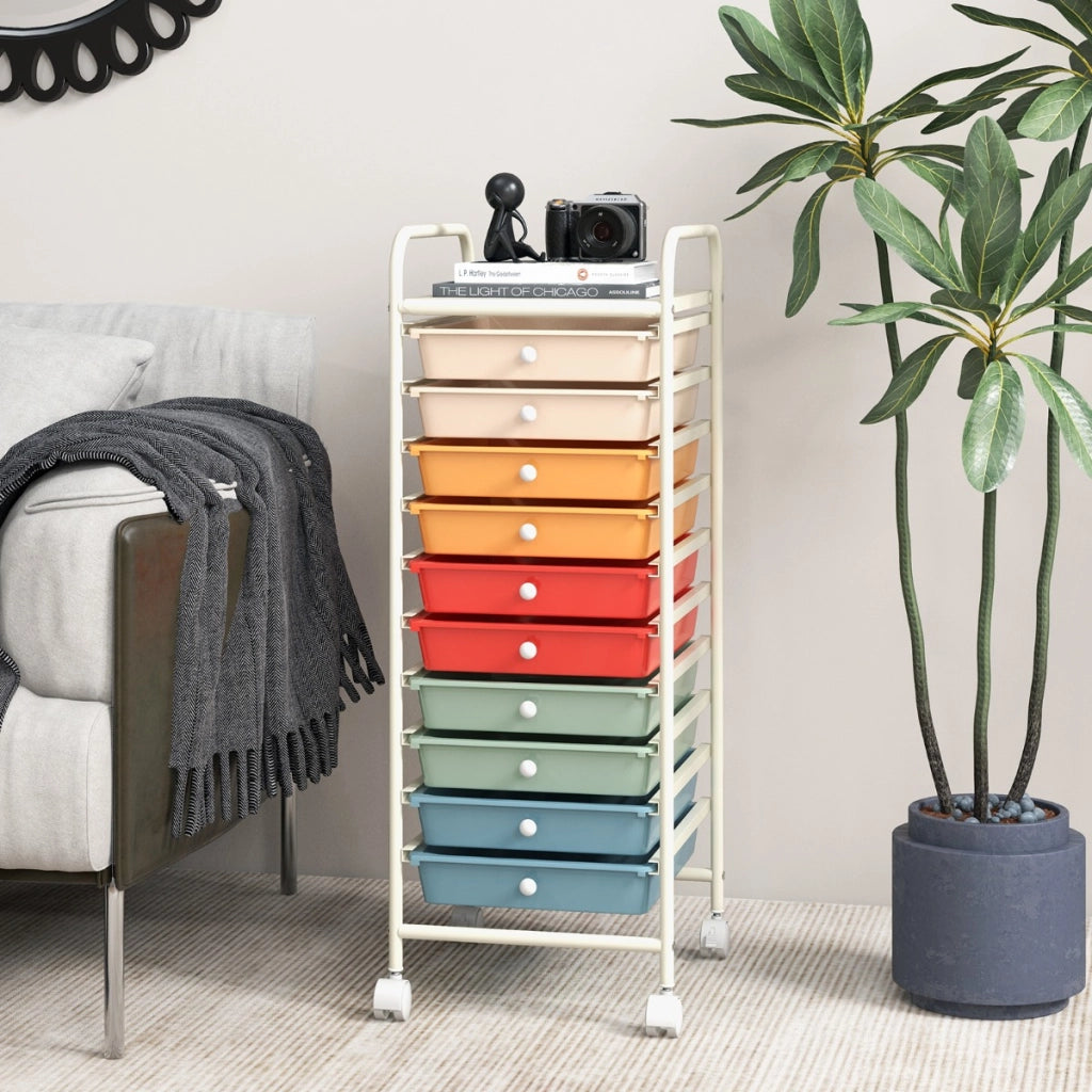 Carrello cassettiera multiuso con 10 cassetti da cucina, Contenitore con ruote a 10 ripiani per bagno Colorato 2