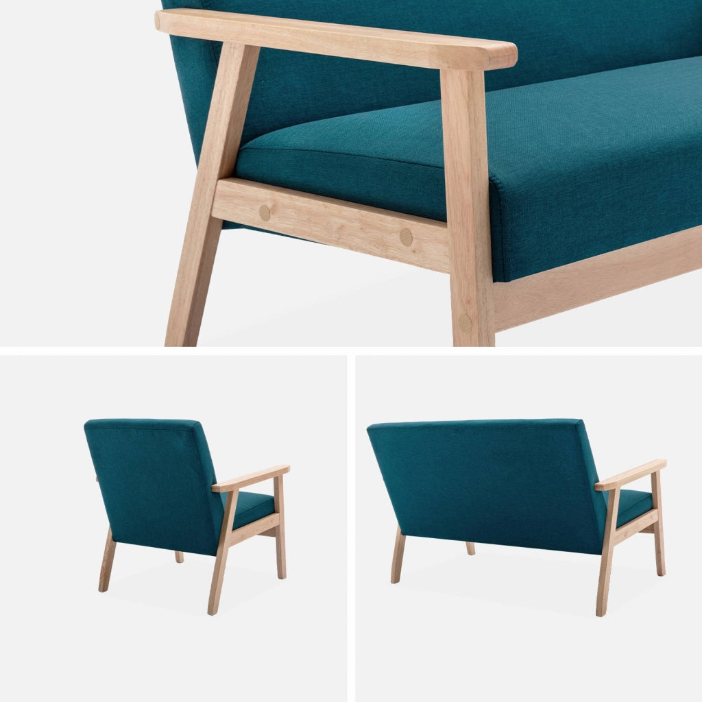 Set panca e poltrona in legno e tessuto, 3 posti, blu smeraldo