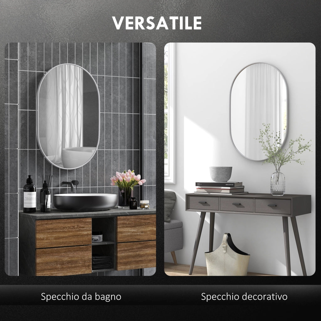 Specchio Bagno Ovale da Parete 60x90 cm con Cornice in Alluminio Verticale o Orizzontale Argento