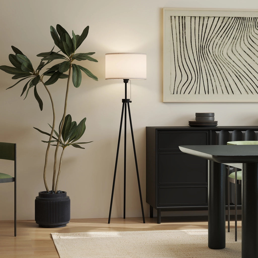 Lampada da Terra con Tripode in Metallo e Paralume in Tessuto ¨C Minimal ¨C ?37x152 cm