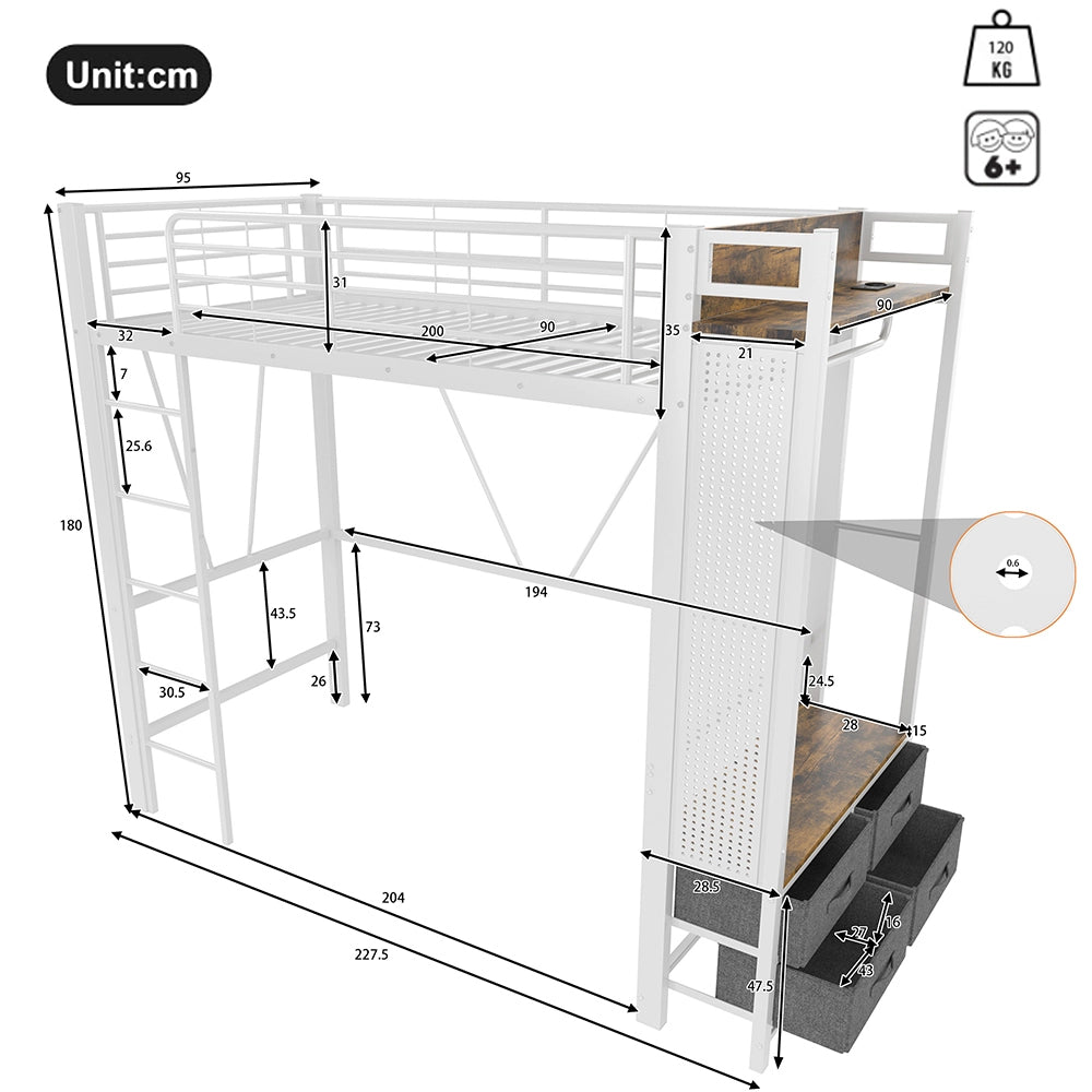 Letto a soppalco - Xylo - 90x200 cm 4 cassetti USB bianco