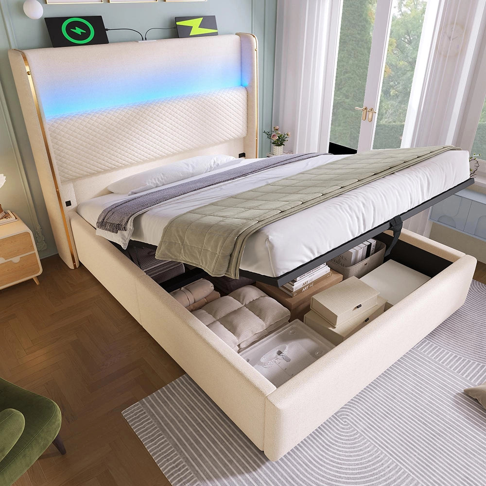Letto 90x200cm?- Xylo - idraulico LED USB lino beige