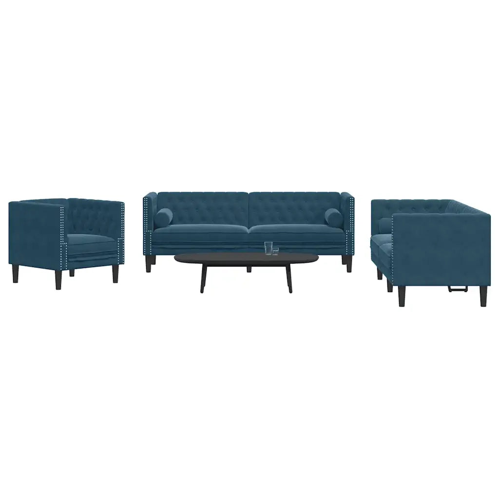 Set Divani Chesterfield 3pz con Cuscini Blu Velluto 3209289