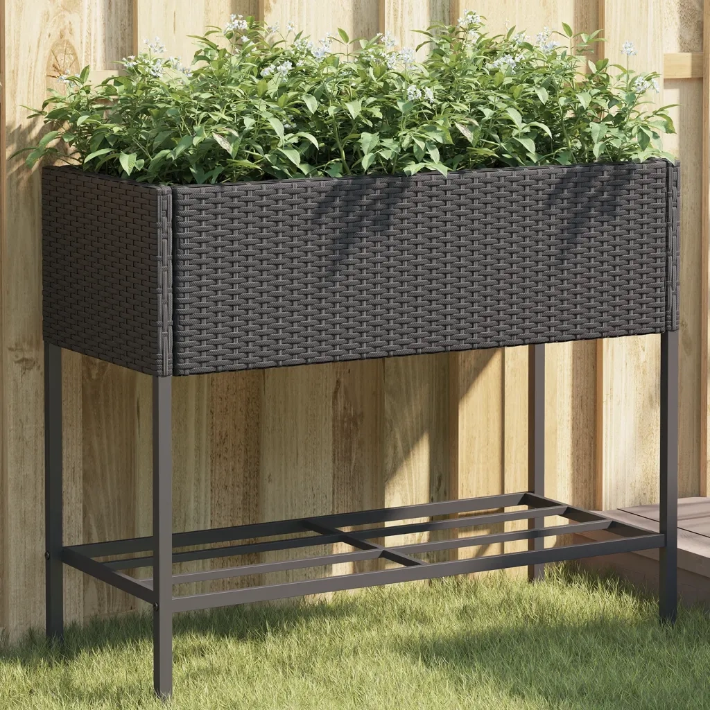 Fioriera da Giardino con Ripiano Nera in Polyrattan 366384