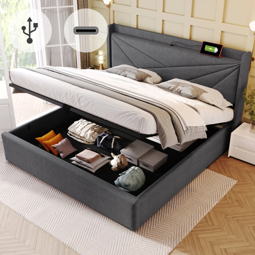 LETTO Contenitore 180x200 cm Grigio in cotone-lino con testiera e USB Type-C
