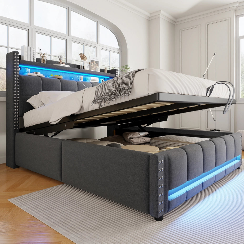 LETTO imbottito 160x200 cm grigio con LED, USB e contenitore