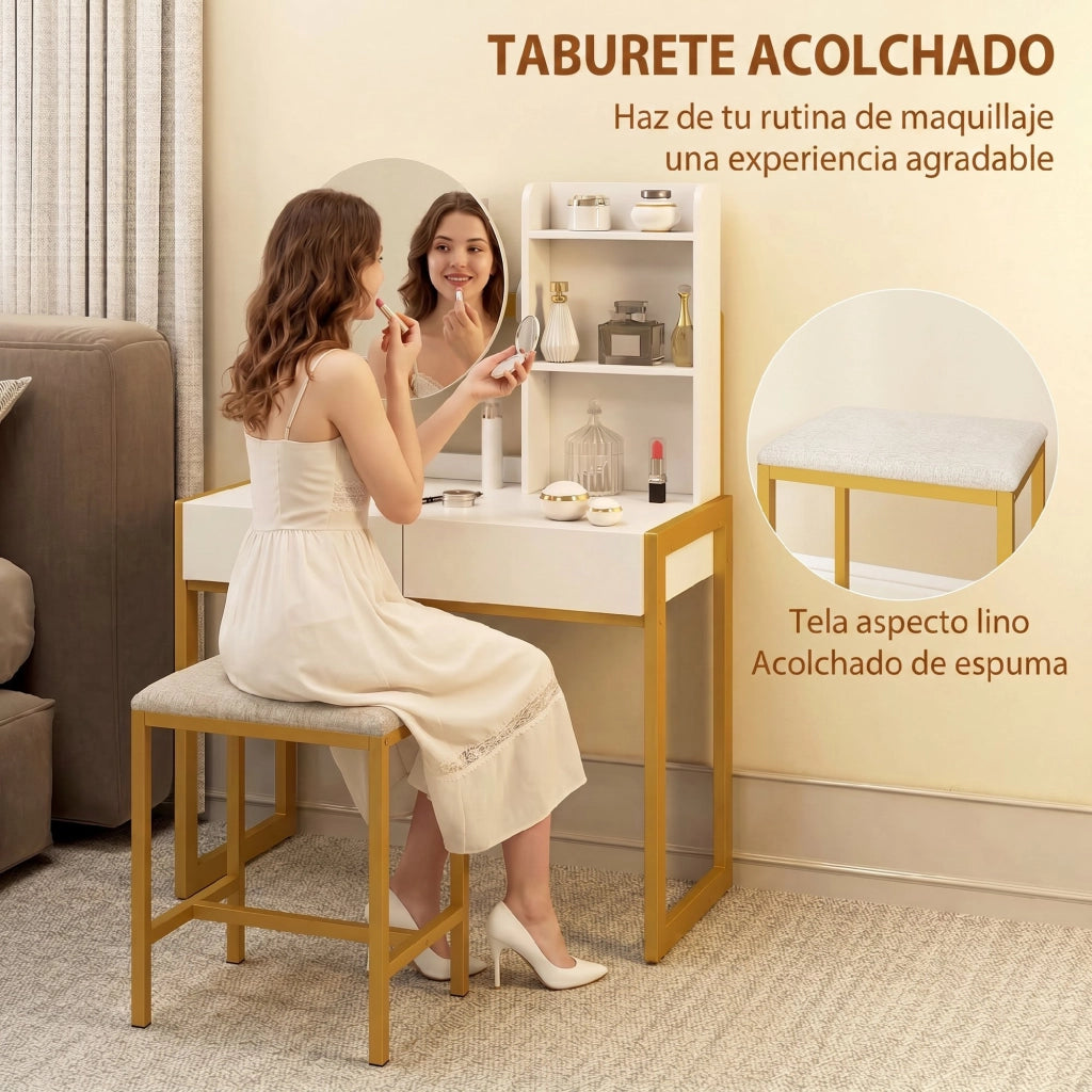 Cassettiera con specchio e sgabello imbottito ¨C Minimal ¨C bianco 60x40x