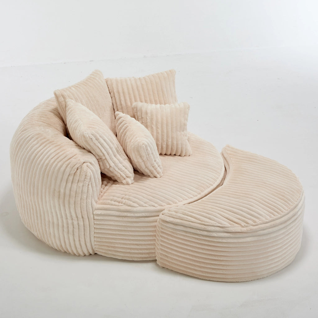 Poltrona da lettura rotonda in tessuto beige con 5 cuscini e pouf per soggiorno e camera da letto