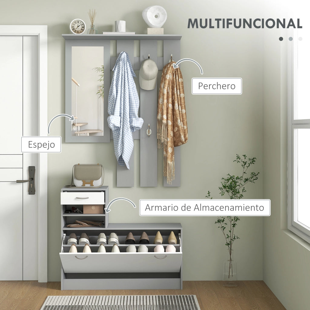 Appendiabiti con specchio e scarpiera ¨C zephmum ¨C 2 pezzi, grigio, con ganci e cassetto