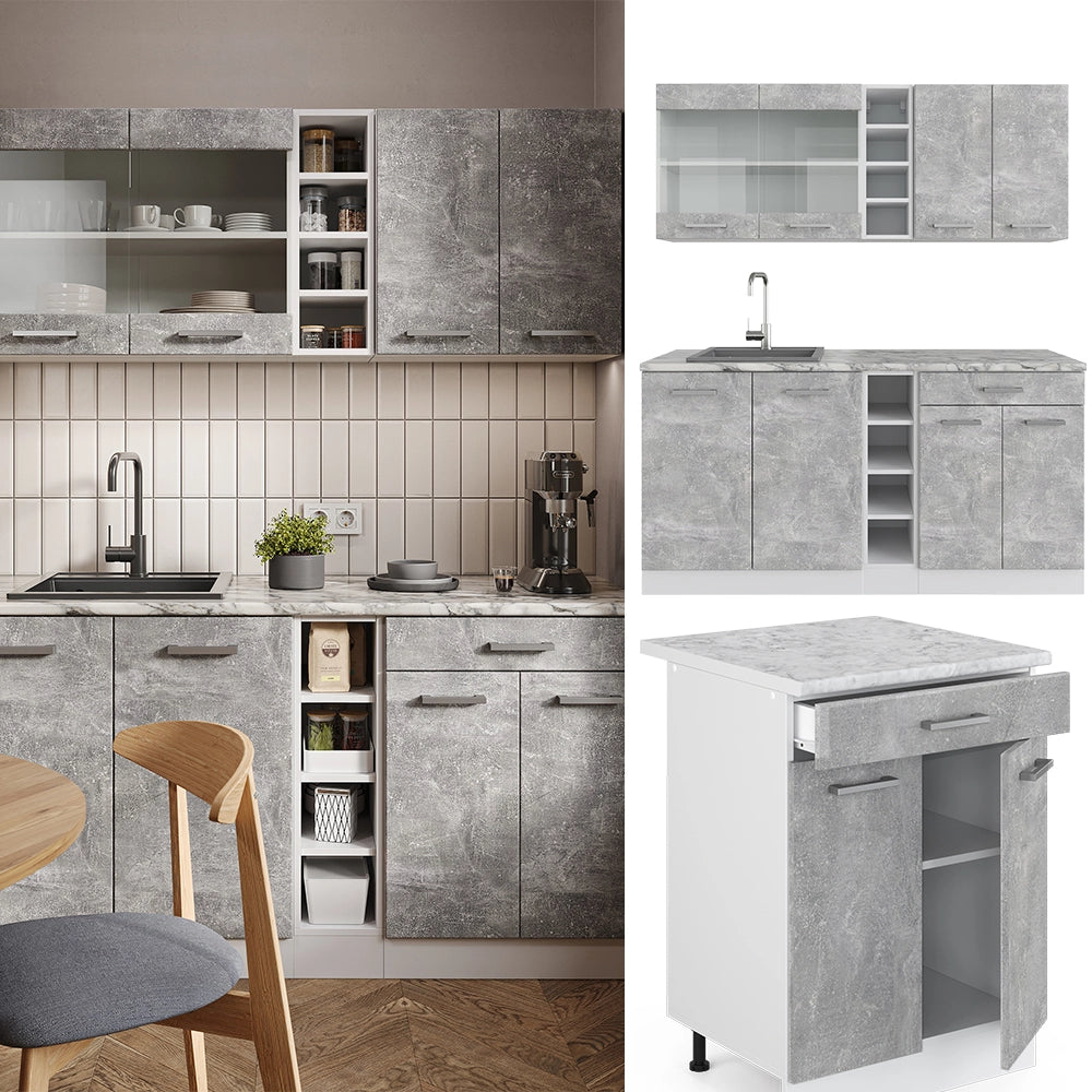 Vicco Cucina completa Cemento/Bianco 160 cm , PL Marmo