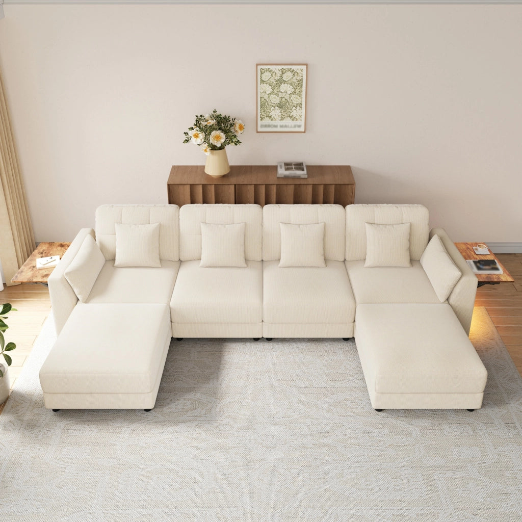 DIVANO Modulare U/L 292x135x82 cm Chenille Beige con 2 Hocker