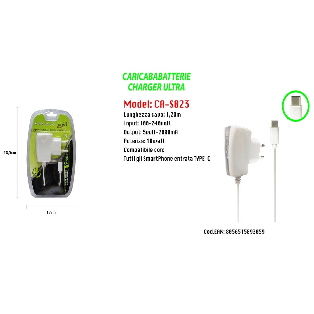 Trade Shop - Caricabatterie Charger Ultra Type-c Per Smartphone 5v-2000ma 10w Maxtech Ca-s023 -
