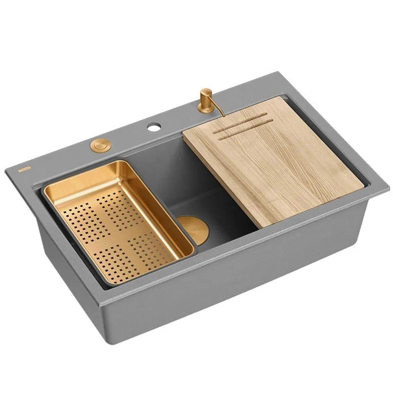 Lavello In Granito Marc 110 Workstation Grey Metallic Tappo rame spazzolato