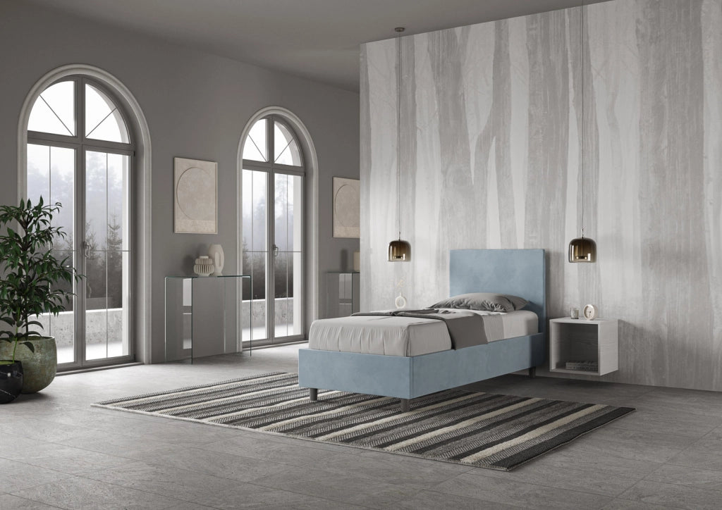 BS COM Letto singolo contenitore imbottito 90x210 microfibra azzurro