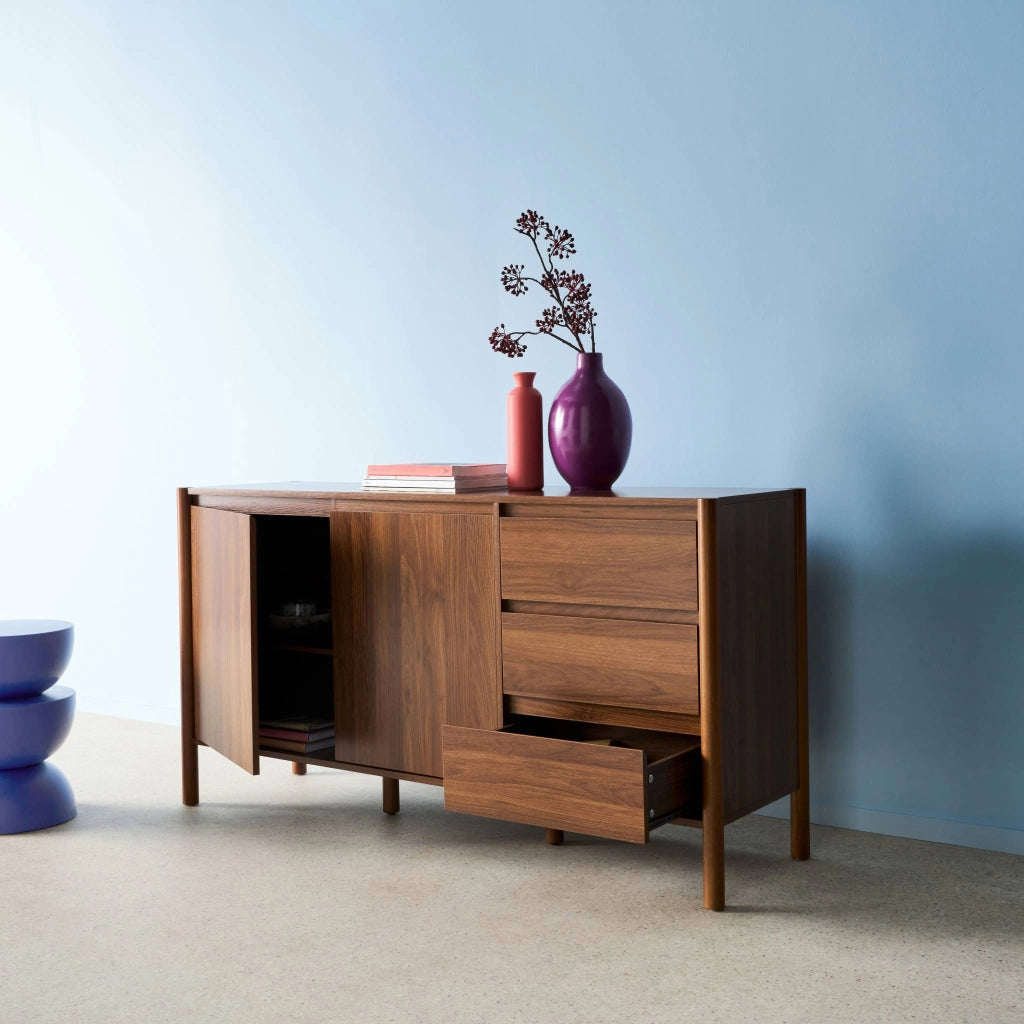 Credenza decorazione legno 2 ante 3 cassetti 150cm, noce