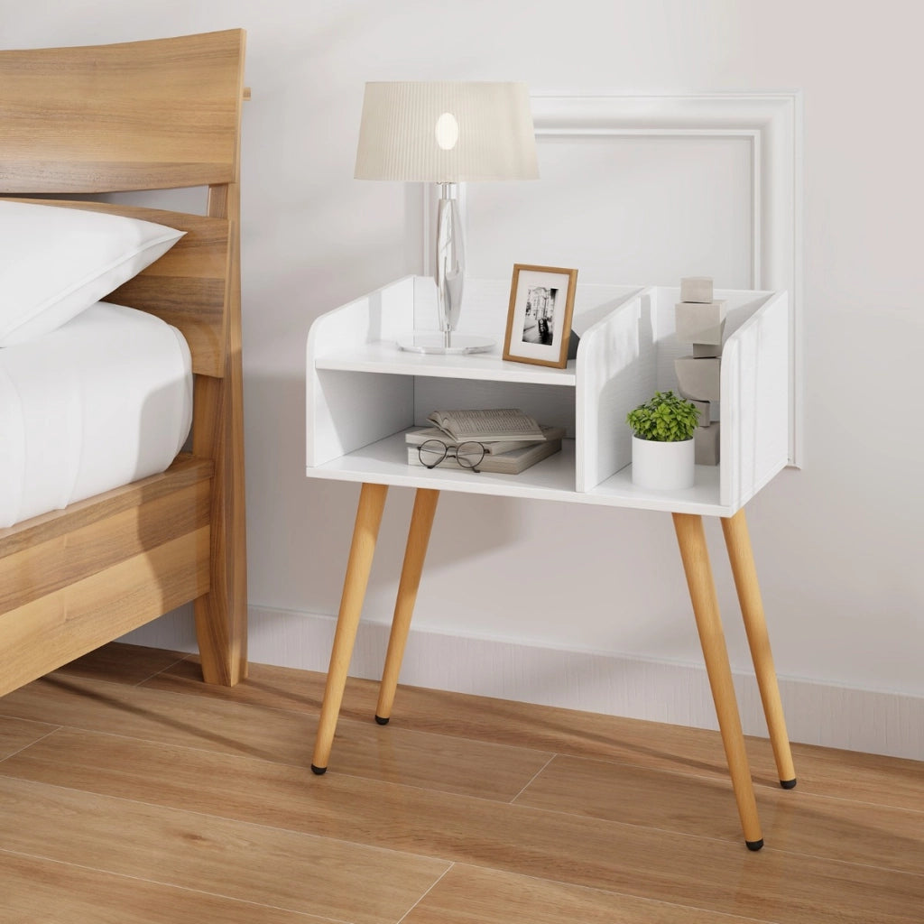 Comodino in stile moderno semplice ma pratico-Tavolino a 2 piani con mensole aperte Bianco + Naturale