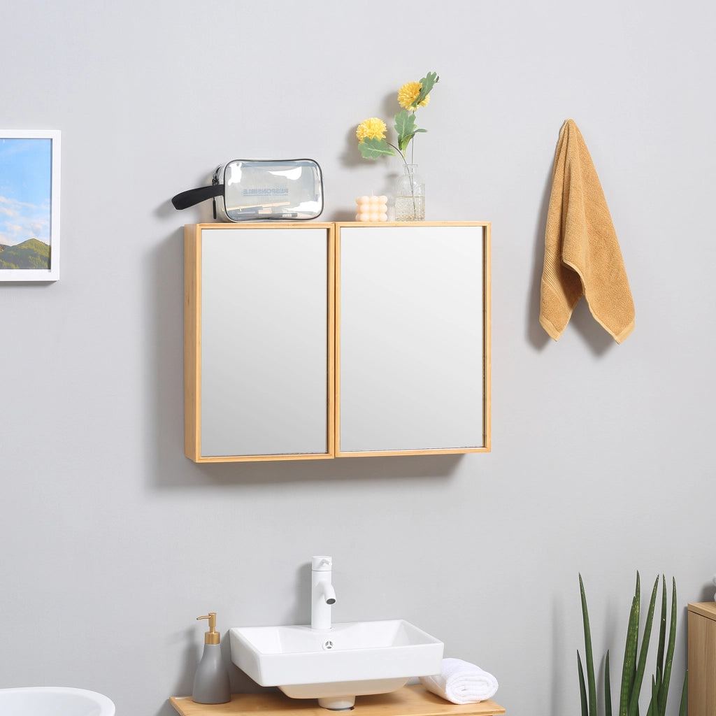 Armadietto a specchio con 2 ante e 3 ripiani interni, da parete, per bagno, in bambù, legno naturale, 65,2 × 14 × 50 cm