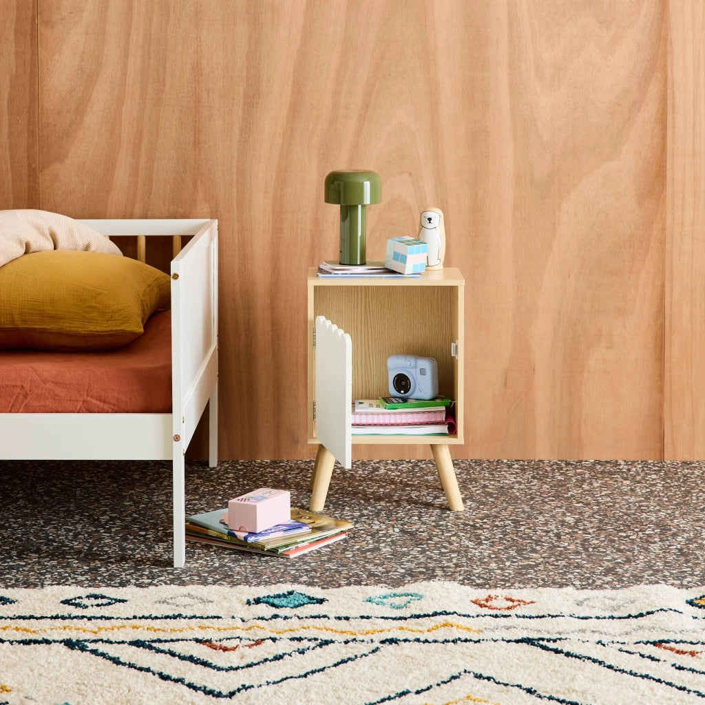 Comodino per bambini decorazione legno 1 anta, bianco