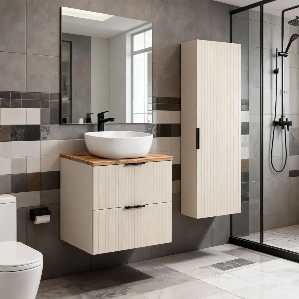 Set da bagno NOXERA 80 cm – Marrone congo & wotan – Con lavabo + colonna