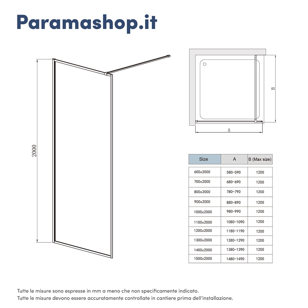 Doccia walk-in full frame 80 cm vetro trasparente profili neri | Rodi