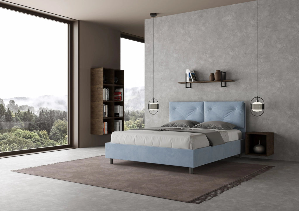 BS COM Letto matrimoniale con rete imbottito 160x200 microfibra azzurro