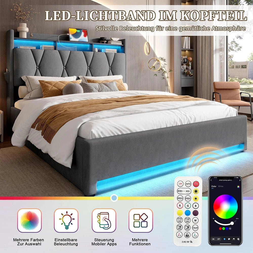 Letto 140x200cm imbottito - Xylo - grigio USB-C idraulico LED