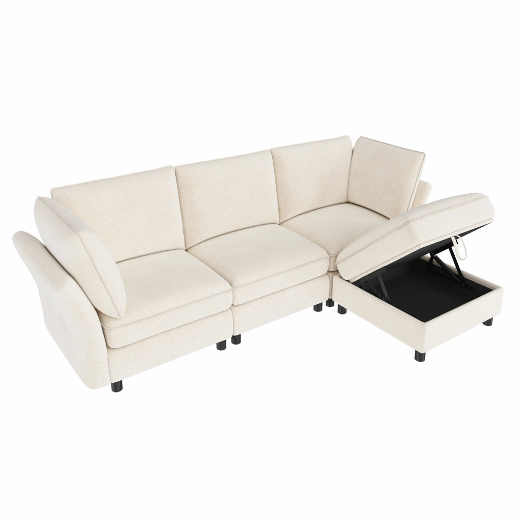 Divano ad angolo modulare 4 posti con pouf contenitore e 2 cuscini, in Chenille, Beige