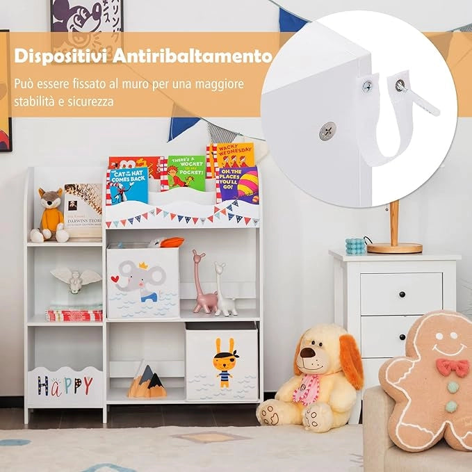 Armadio per Bambini, Scaffale di Legno con 3 Livelli e 5 Scompartimenti, 2 Cassetti in Tessuto e 3 Spazi per Giocattoli e Libri, Scaffale Verticale per Bambini, Bianco (Pirata Animale)