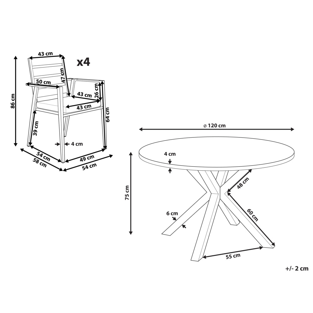 Set da pranzo da giardino a 4 posti con tavolo in alluminio e piano grigio con sedie con cuscini giardino terrazzo elegante