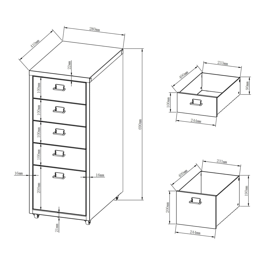 Cassettiera per ufficio mobile portadocumenti raccoglitori e materiale per ufficio su ruote con 5 cassetti 69 x 28 x 41 cm bianco 03_0006328