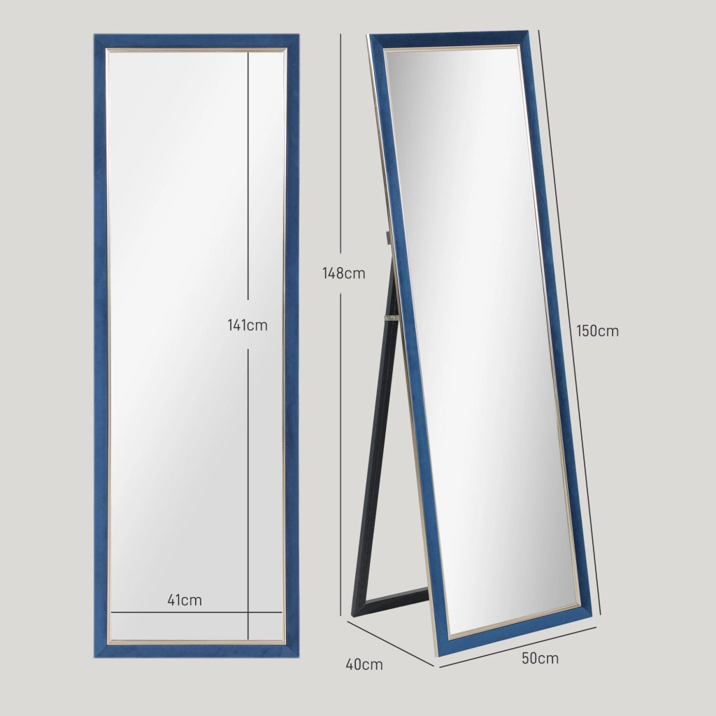 Specchio da Parete 150x50 cm con Cornice Velluto e Supporto ¨C zephmum ¨C Blu