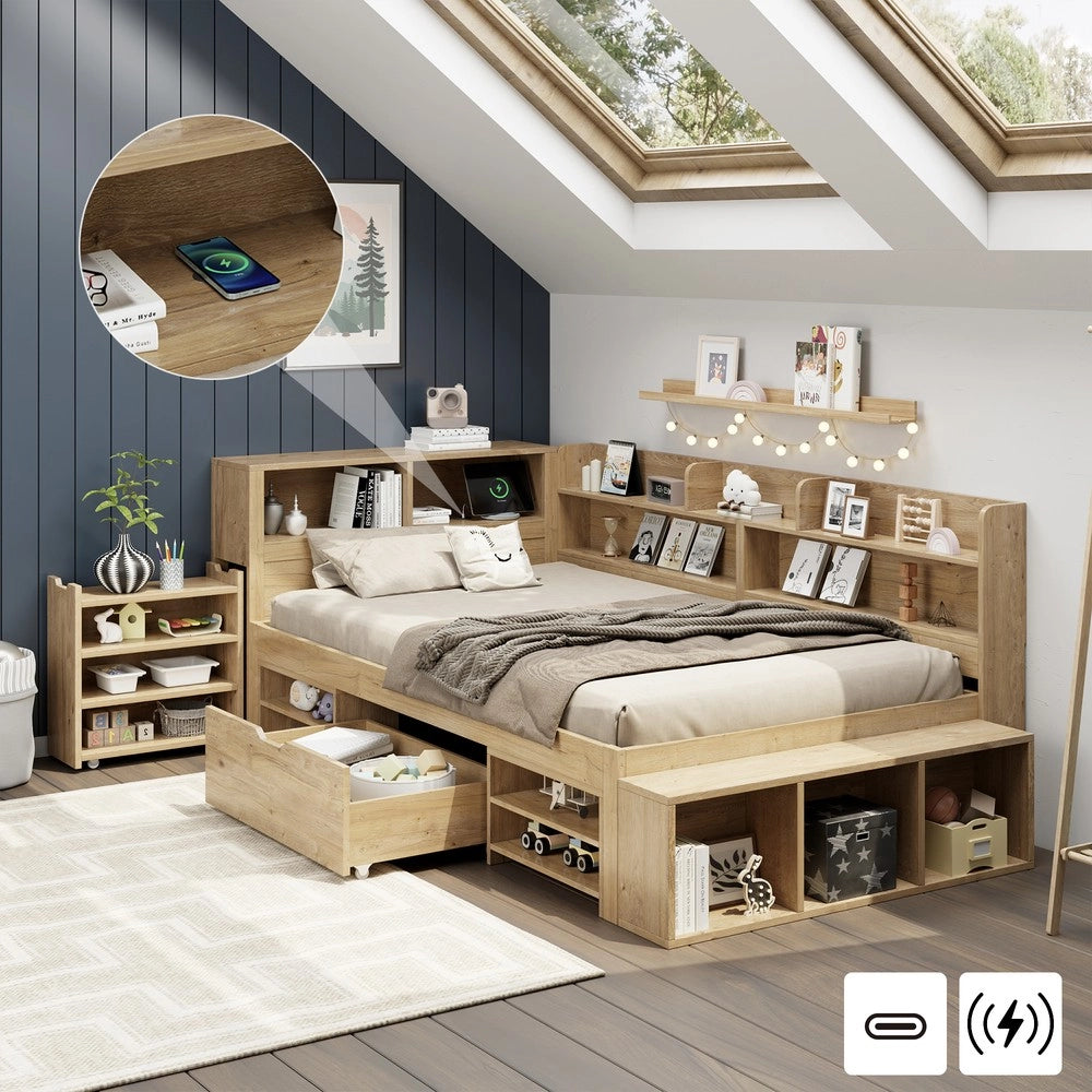 Letto Singolo Contenitore per Bambini con Cassetti e Ripiani ¨C MINIMAL ¨C 90x200, Naturale