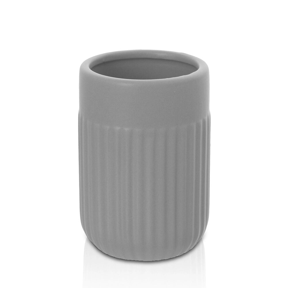 Set accessori bagno in ceramica grigia opaca con dispenser sapone e due portaspazzolini Cup