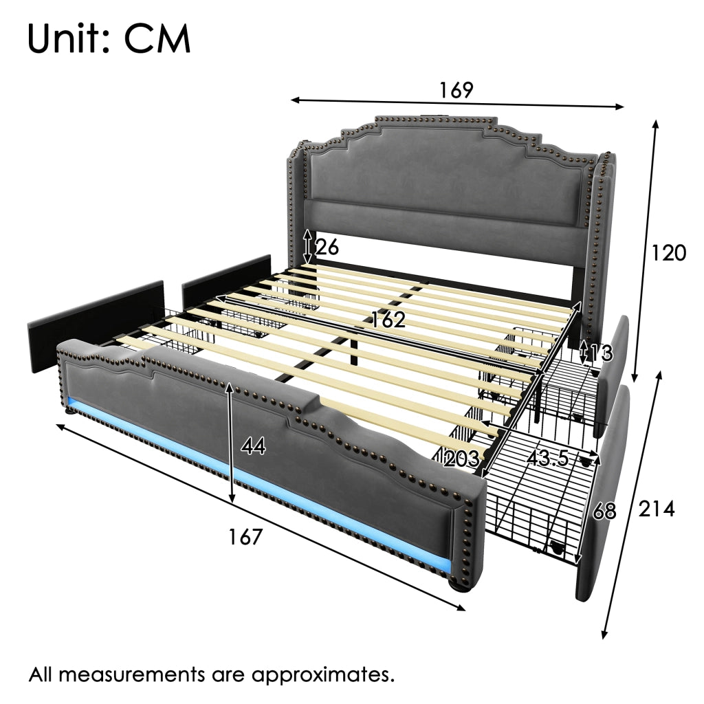 Letto imbottito 160x200 - Zephmum - 4 cassetti, LED, USB-C, velluto grigio