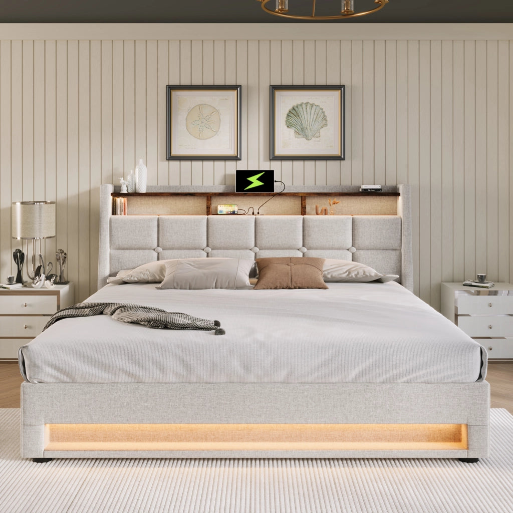 LETTO imbottito 140x200 cm Beige con LED e USB