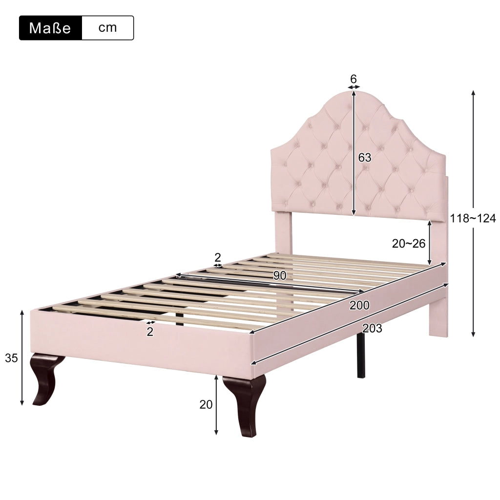 LETTO Imbottito 90x200 cm in velluto rosa con testiera regolabile