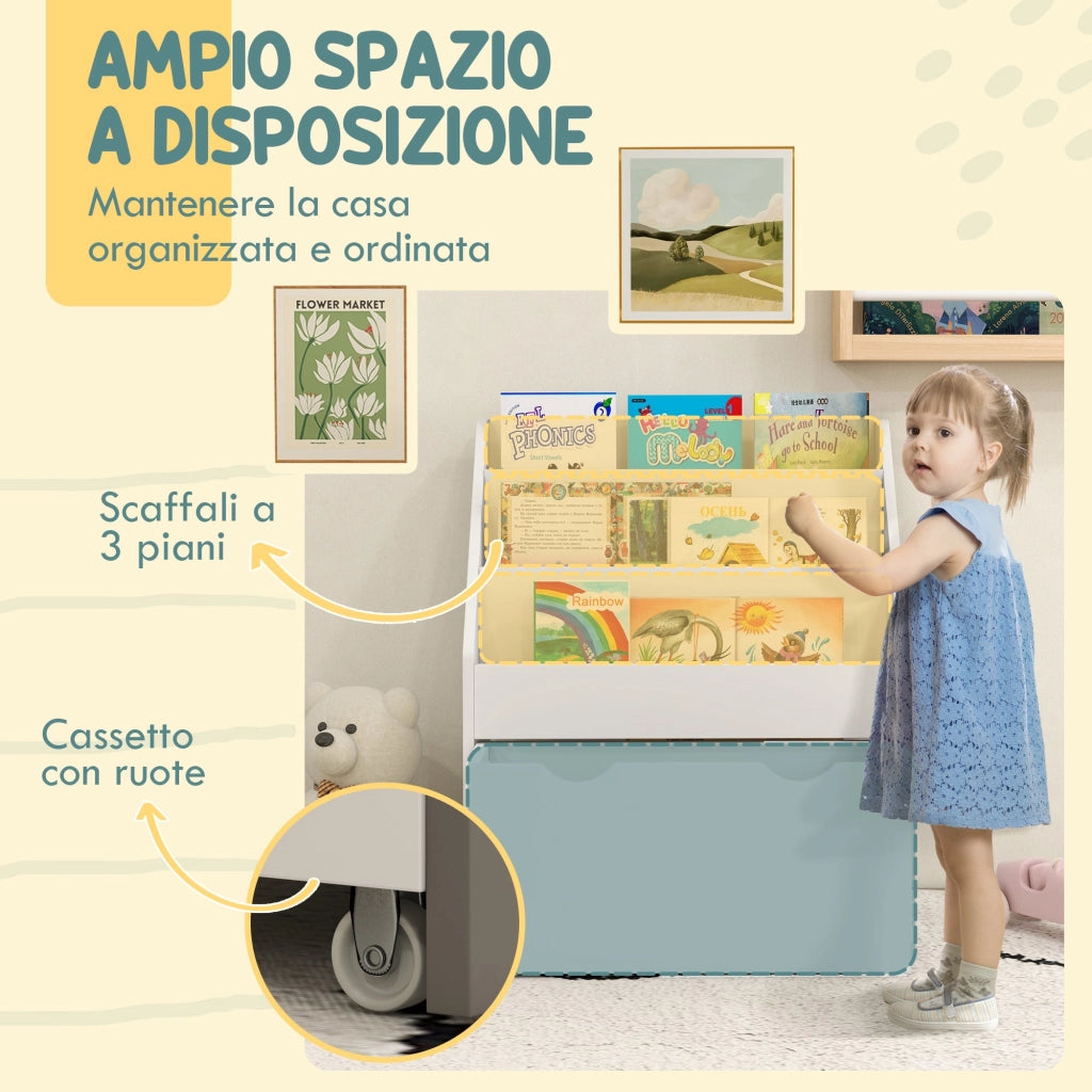 Libreria per Bambini 62.5x30x70 cm 3 Ripiani e Cassetto Inferiore Bianco