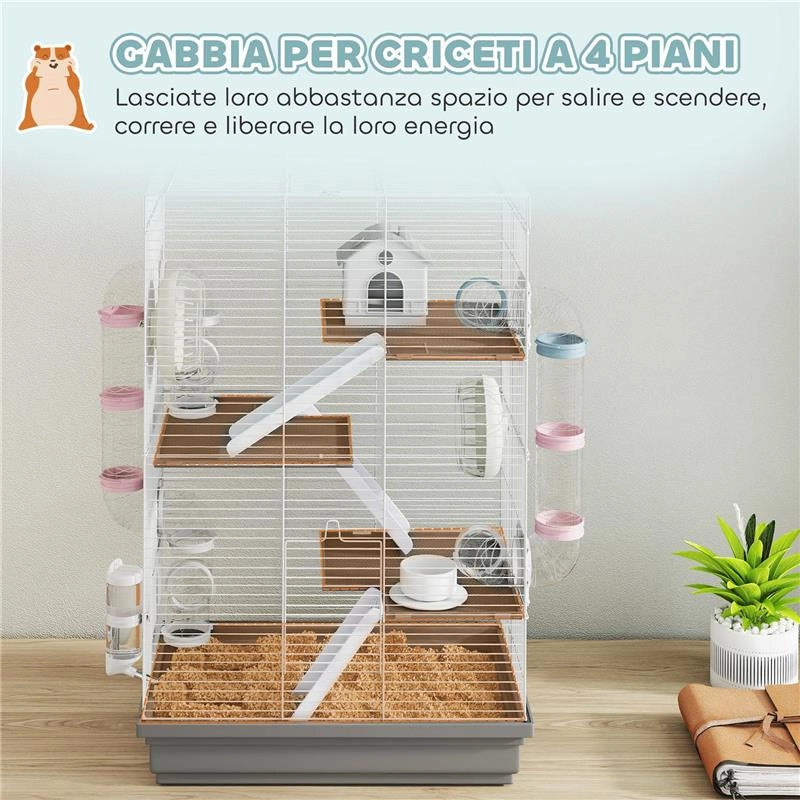 GABBIA PER CRICETI A 4 LIVELLI E 16 TUBI CON CASETTA, RAMPA, E ACCESSORI, IN METALLO E PLASTICA, 47X30X70 CM, GRIGIO