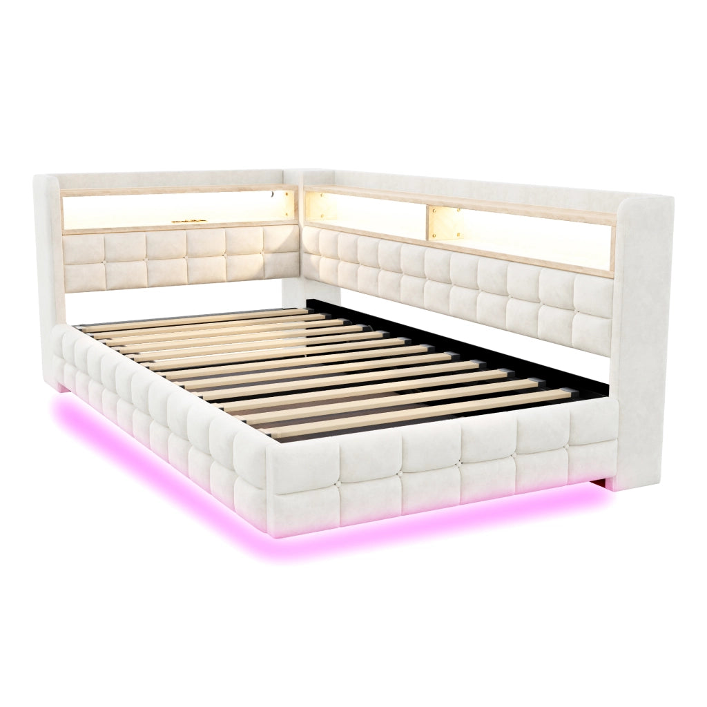 DIVANO LETTO 90x200 cm in velluto beige con vano contenitore, LED e prese