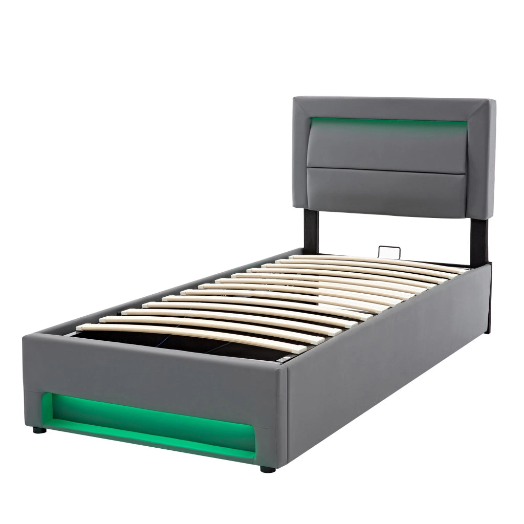Letto imbottito con USB; LED e contenitore; per materasso 90x190 cm; PU grigio