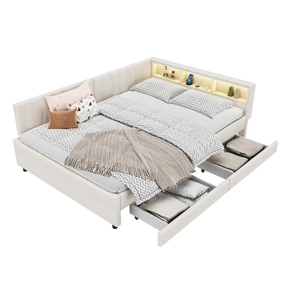 Daybed-Xylo-140x200 cm-LED, USB-C, 2 cassetti, lino beige