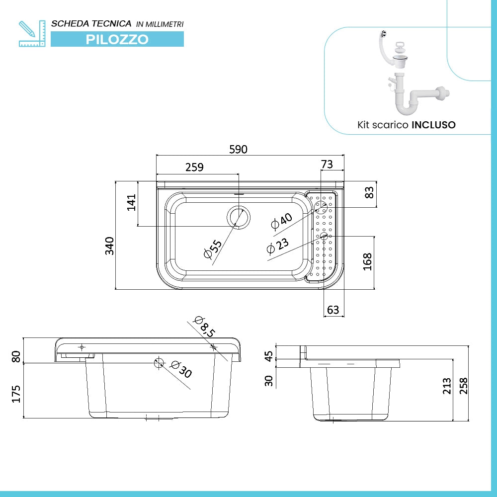 Lavatoio in resina 60x34 bianco con miscelatore a canna alta inox e scarico incluso