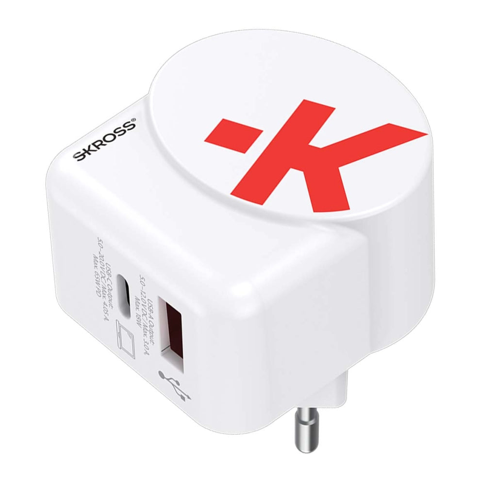 Adattatore caricatore da viaggio USB e USB-C 65W Power Delivery Europe Bianco Skross