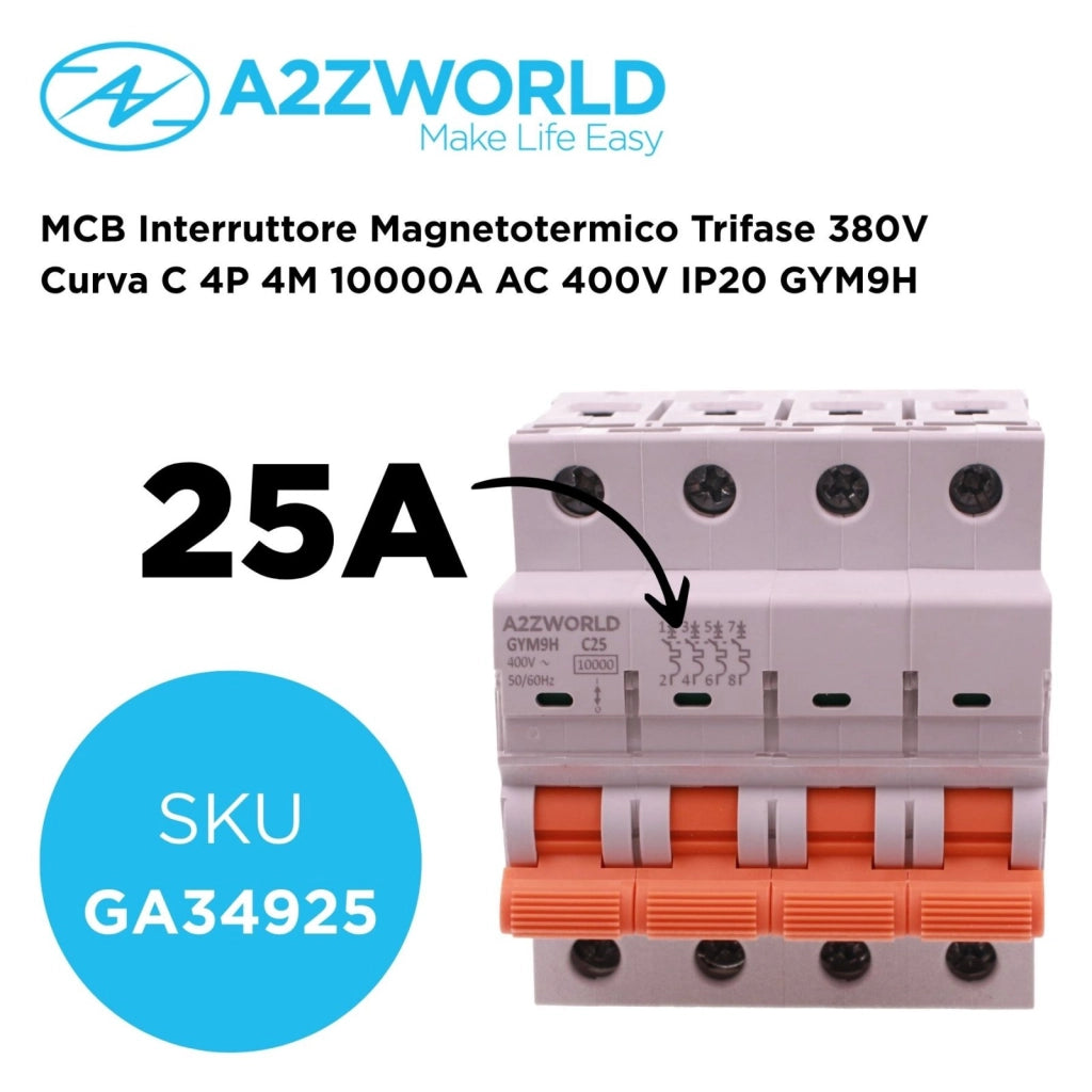 MCB Interruttore Magnetotermico Trifase 380V Curva C 4P 4M 10000A AC 400V IP20 GYM9H, Accoppiabile Con Bobina di Sgancio GA01231 GA01232, Disponibili 25A 32A 40A 63A (C25A)