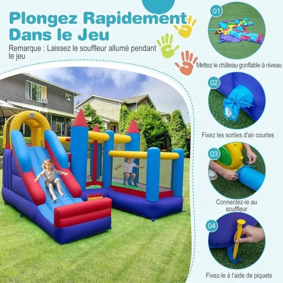 Castello gonfiabile per bambini con trampolino, parete da arrampicata, scivolo e anello da basket