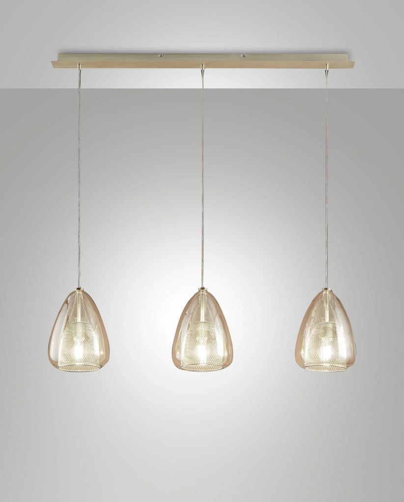 Britton Lampada a Sospensione in Metallo e Vetro Borosilicato Colore Ambra, Attacco E27 3x40W, Design Moderno ed Elegante per Interni IP20